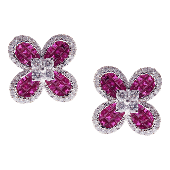 Small Clover Invisible Ruby Earring Ring Set