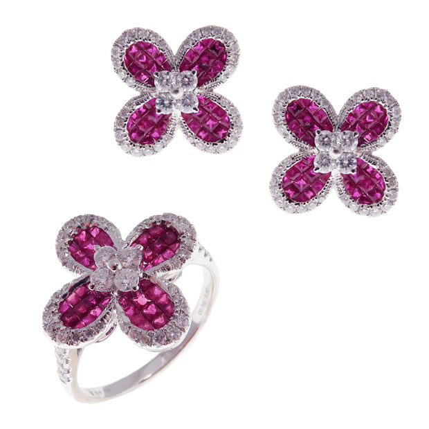 Small Clover Invisible Ruby Earring Ring Set