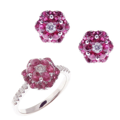 Small Cluster Ruby Flower Earring Ring Set