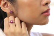 Small Cluster Ruby Flower Earring Ring Set