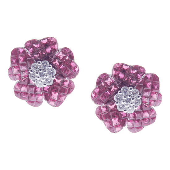 Small Flower Invisible Ruby Earring Ring Set