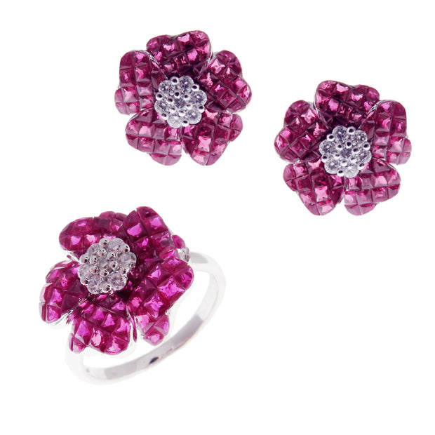 Small Flower Invisible Ruby Earring Ring Set