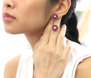 Small Flower Invisible Ruby Earring Ring Set