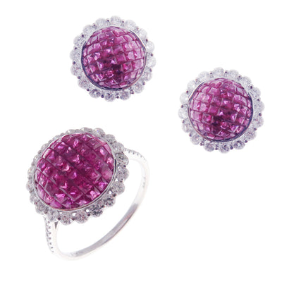 Small Round Invisible Ruby Earring Ring Set