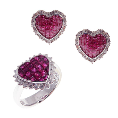 Small Baguette Heart Invisible Ruby Earring Ring Set