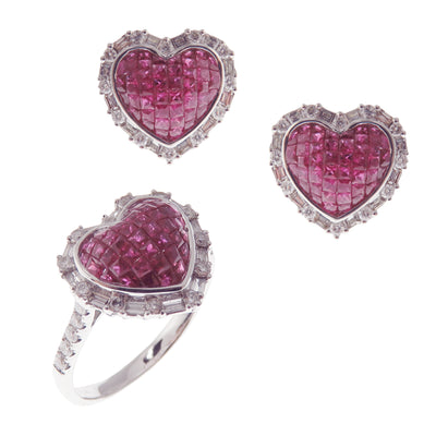 Small Baguette Ruby Invisible Earring Ring Set