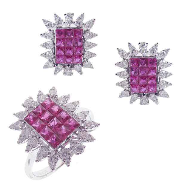 Modern Square Invisible Ruby Earring Ring Set