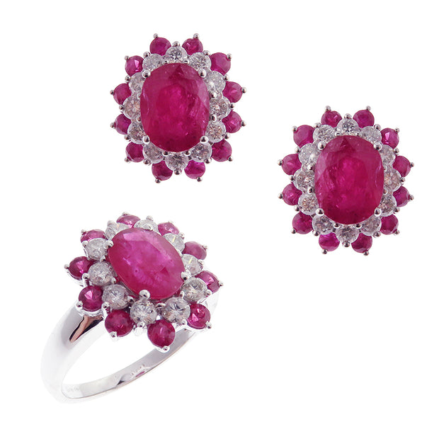 Flower Motif Oval Ruby Earring Ring Set