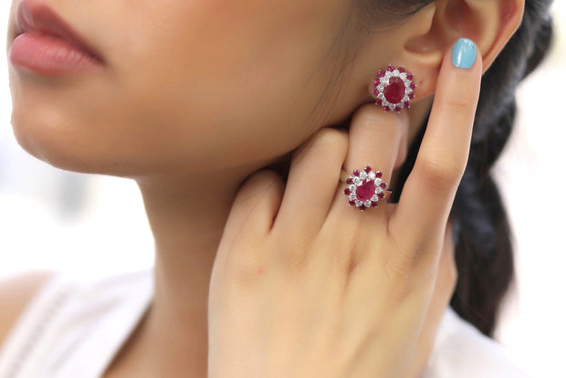 Flower Motif Oval Ruby Earring Ring Set