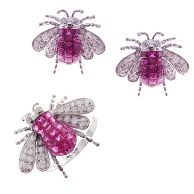 Small Ruby Invisible Bee Earring Ring Set