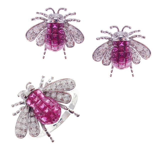 Small Ruby Invisible Bee Earring Ring Set