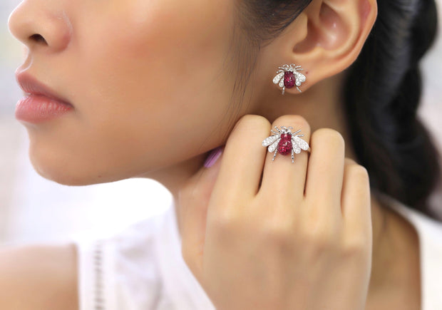 Small Ruby Invisible Bee Earring Ring Set