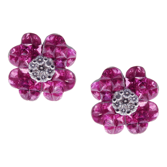 Small Four-Leaf Ruby Invisible Earring Ring Set