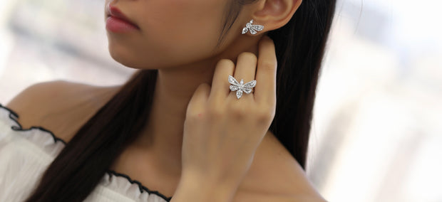 Half Butterfly Diamond Baguette Earring Ring Set