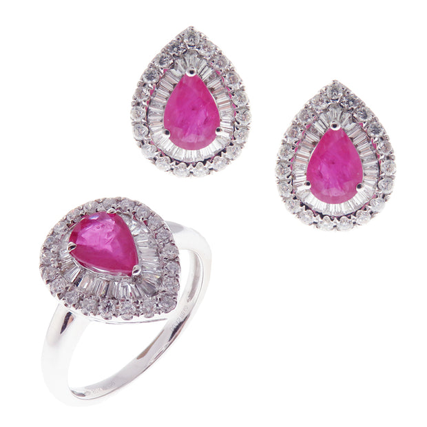 Simple Baguette Ruby Pear Stud Earring Ring Set