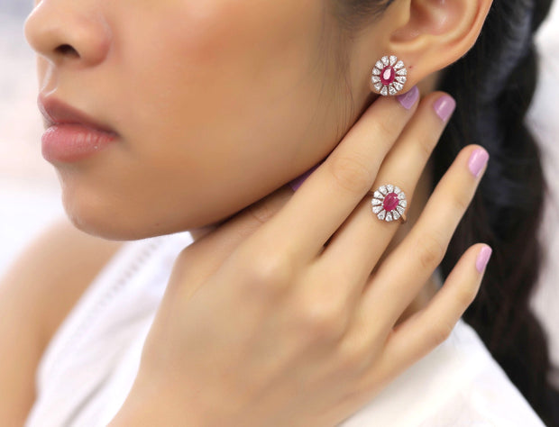 Oval Modern Ruby Earring Ring Set