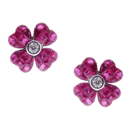 Small Flower Invisible Ruby Earring Ring Set