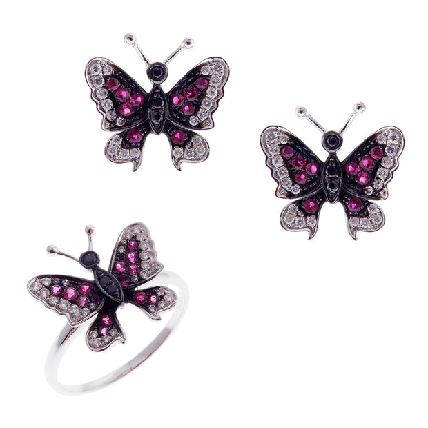 Small Butterfly Ruby Earring Ring Set