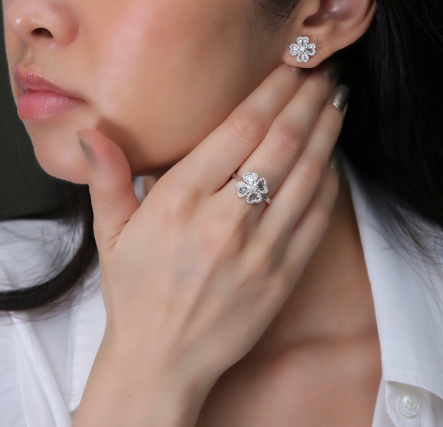 Lucky Baguette Clover Diamond Earring Ring Set