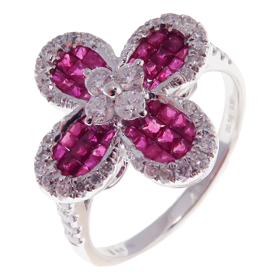 Small Clover Invisible Ruby Earring Ring Set