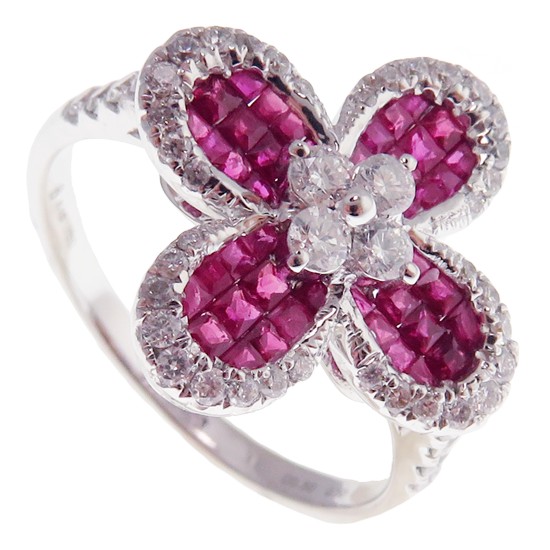 Small Clover Invisible Ruby Earring Ring Set