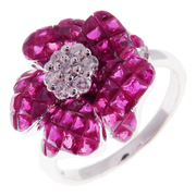 Small Flower Invisible Ruby Earring Ring Set