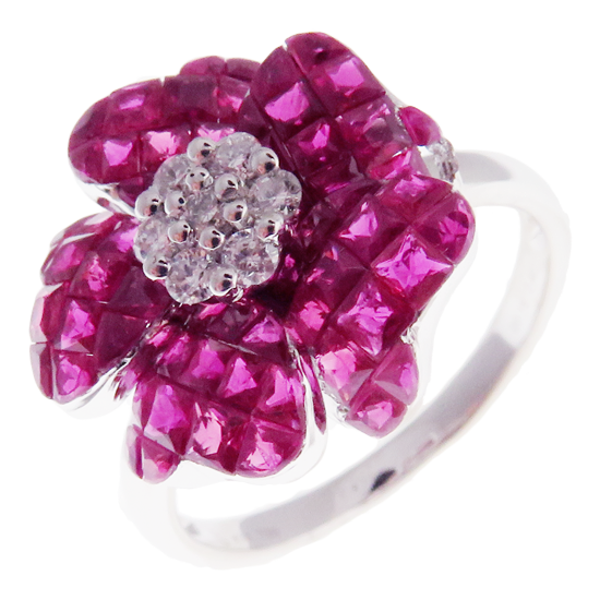 Small Flower Invisible Ruby Earring Ring Set