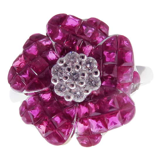 Small Flower Invisible Ruby Earring Ring Set