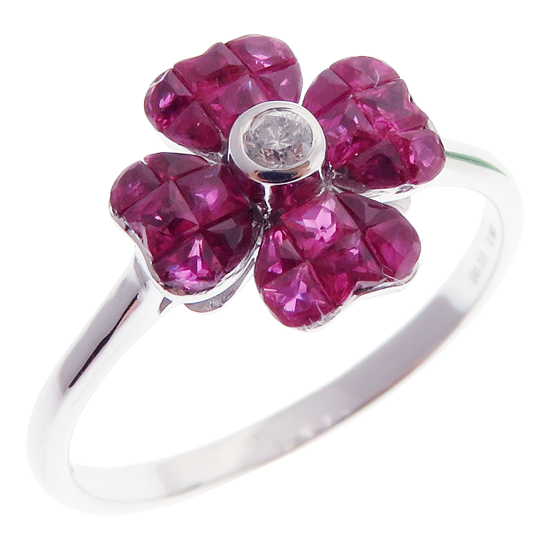 Small Flower Invisible Ruby Earring Ring Set