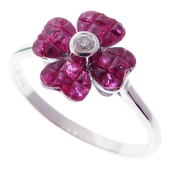 Small Flower Invisible Ruby Earring Ring Set