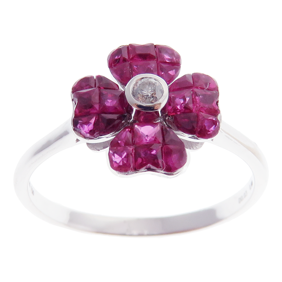 Small Flower Invisible Ruby Earring Ring Set