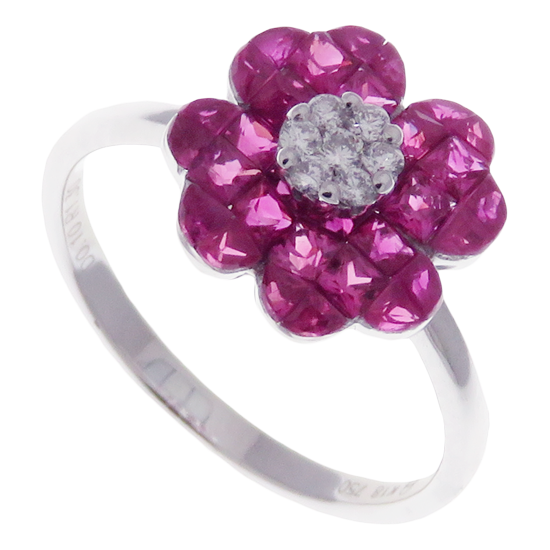 Small Four-Leaf Ruby Invisible Earring Ring Set